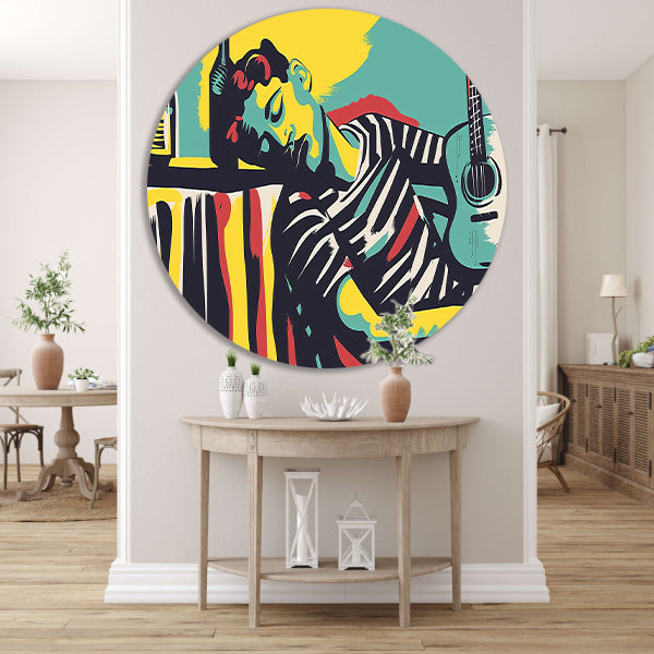 Muzikant in kleurrijke abstracte stijl aluminium muurcirkel