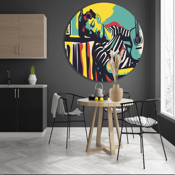 Muzikant in kleurrijke abstracte stijl aluminium muurcirkel