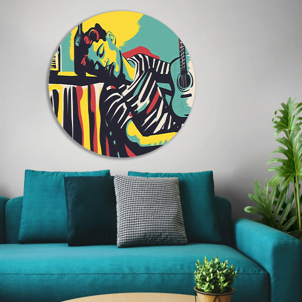 Muzikant in kleurrijke abstracte stijl aluminium muurcirkel