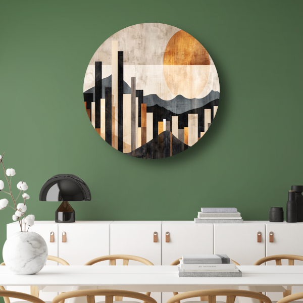Minimalistische Stedelijke Skyline met Zon aluminium muurcirkel