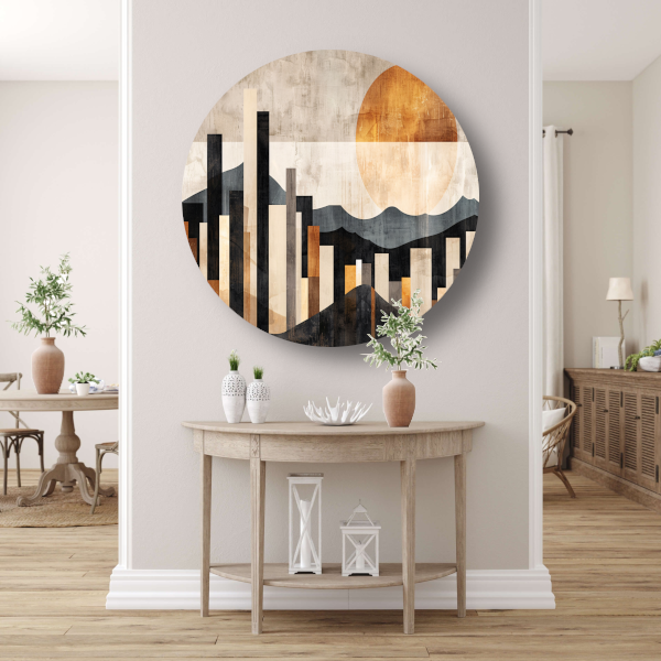 Minimalistische Stedelijke Skyline met Zon aluminium muurcirkel