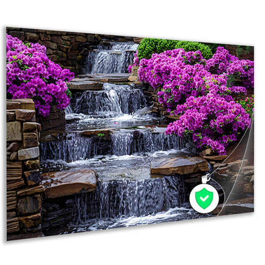 Tuin met paarse rhododendrons en watervallen poster