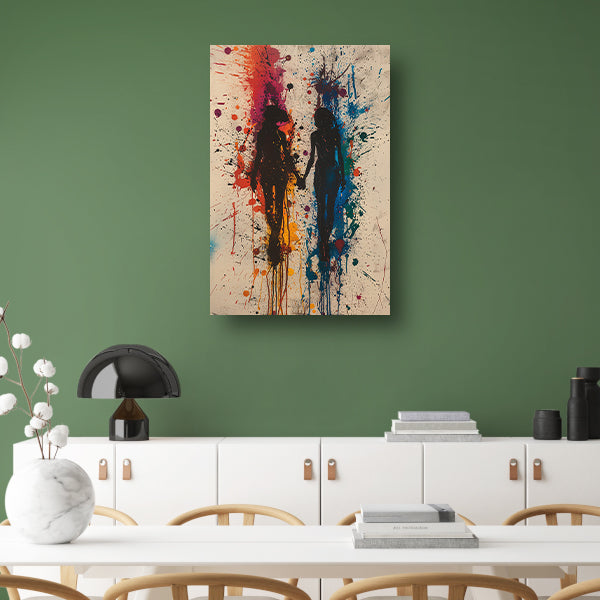 Twee figuren dansend in een explosie van kleuren poster
