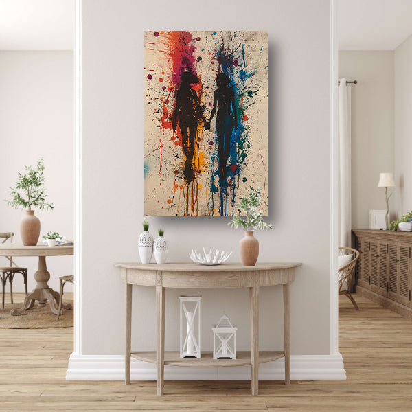 Twee figuren dansend in een explosie van kleuren poster