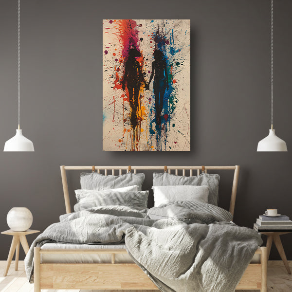 Twee figuren dansend in een explosie van kleuren poster