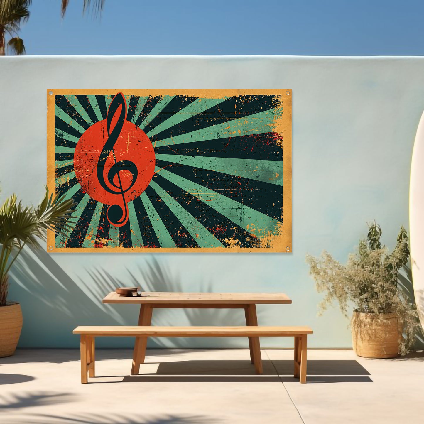 Retro poster met muzikale sleutel en kleuren tuinposter