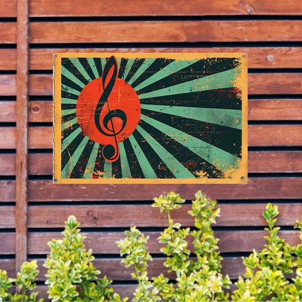 Retro poster met muzikale sleutel en kleuren tuinposter