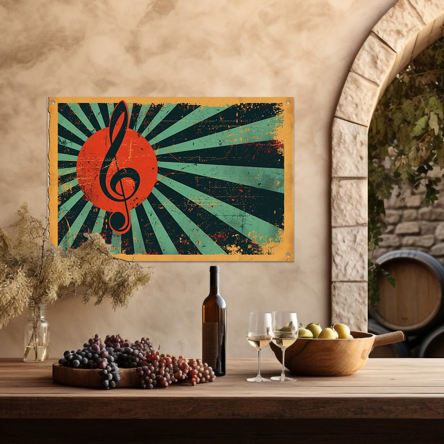 Retro poster met muzikale sleutel en kleuren tuinposter