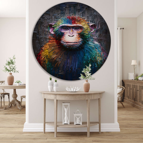 Expressieve Kleurrijke Aap met Dynamische Kwaststreken aluminium muurcirkel