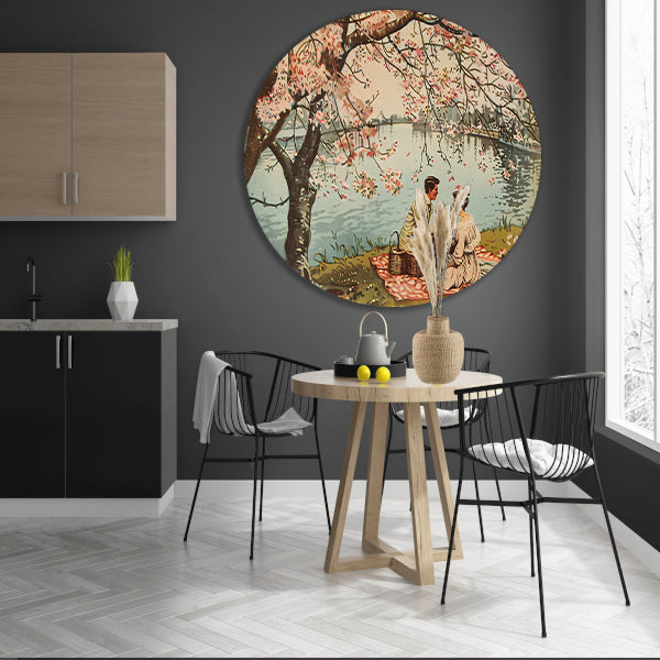 Romantische picknick onder bloeiende kersenbomen aluminium muurcirkel