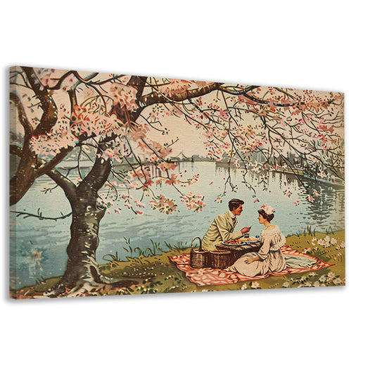 Romantische picknick onder bloeiende kersenbomen canvas