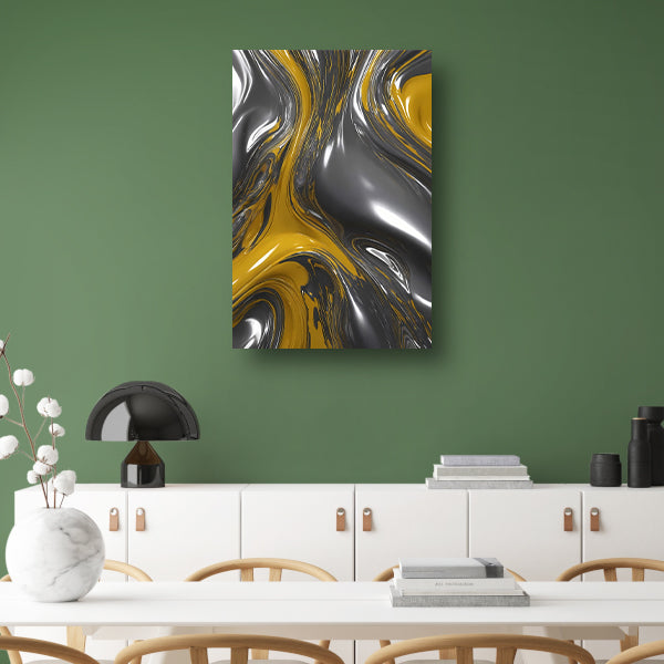 Dynamische Abstractie in Zilver en Geel canvas met baklijst