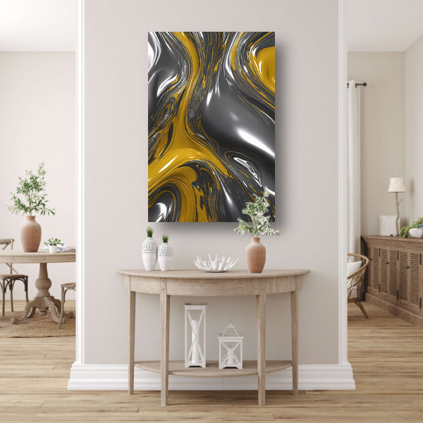 Dynamische Abstractie in Zilver en Geel canvas met baklijst
