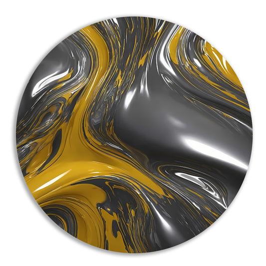 Dynamische Abstractie in Zilver en Geel aluminium muurcirkel