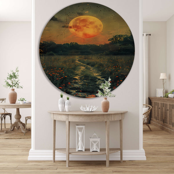 Mystiek Maanlicht Pad Door Bloemenveld aluminium muurcirkel