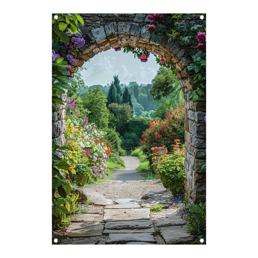 Betoverende boogpoort met kleurrijke bloemen tuinposter