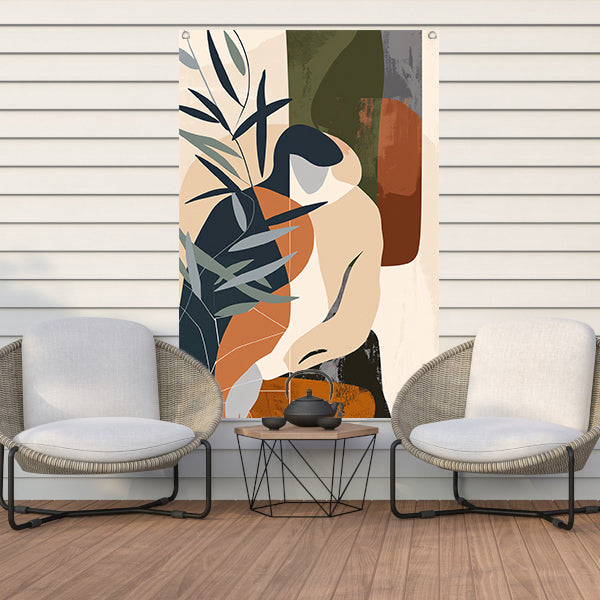 Abstract vrouw omringd door planten tuinposter