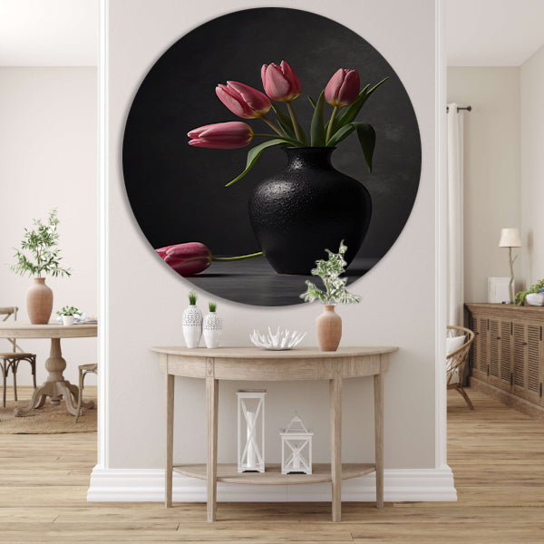 Stilleven met roze tulpen in donkere vaas aluminium muurcirkel