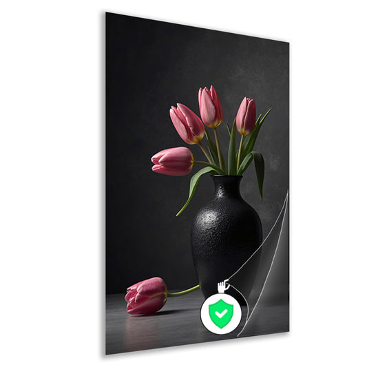 Stilleven met roze tulpen in donkere vaas poster