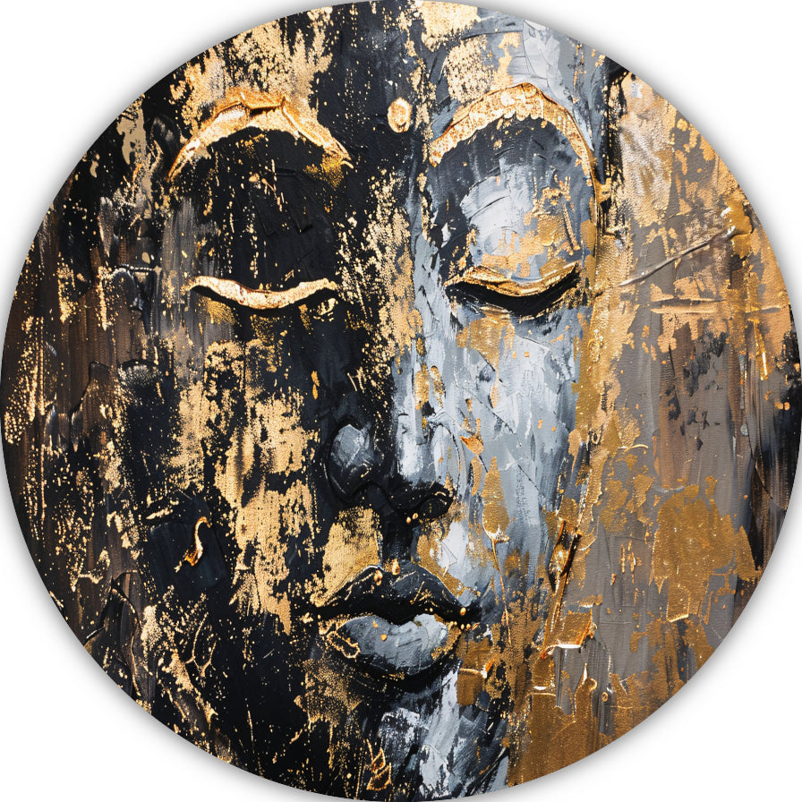 Moderne abstracte interpretatie van Boeddha in goud en zwart aluminium muurcirkel
