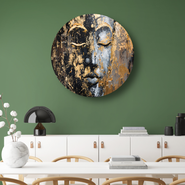 Moderne abstracte interpretatie van Boeddha in goud en zwart aluminium muurcirkel