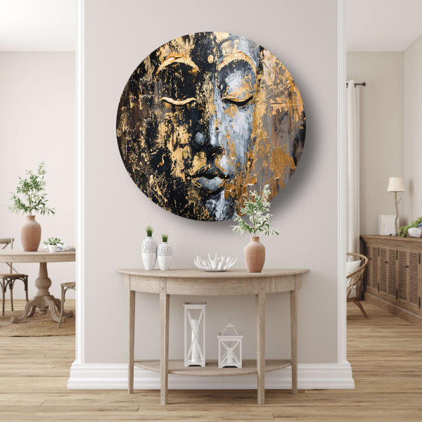 Moderne abstracte interpretatie van Boeddha in goud en zwart aluminium muurcirkel