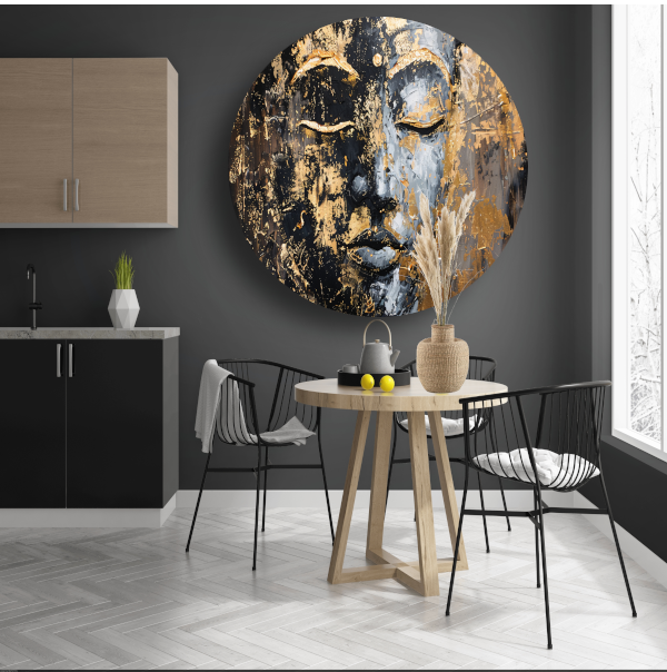 Moderne abstracte interpretatie van Boeddha in goud en zwart aluminium muurcirkel