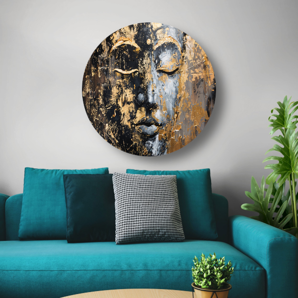 Moderne abstracte interpretatie van Boeddha in goud en zwart aluminium muurcirkel