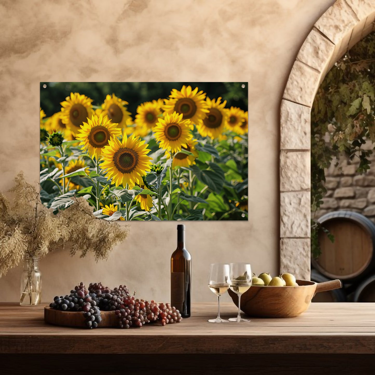 Veld met stralende zonnebloemen in de zon tuinposter