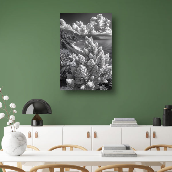 Zwart-wit kustlandschap met bloeiende planten canvas