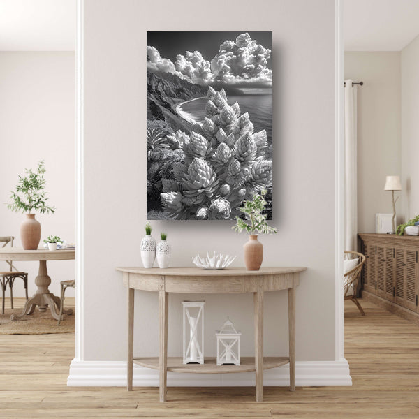 Zwart-wit kustlandschap met bloeiende planten canvas