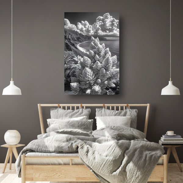 Zwart-wit kustlandschap met bloeiende planten canvas