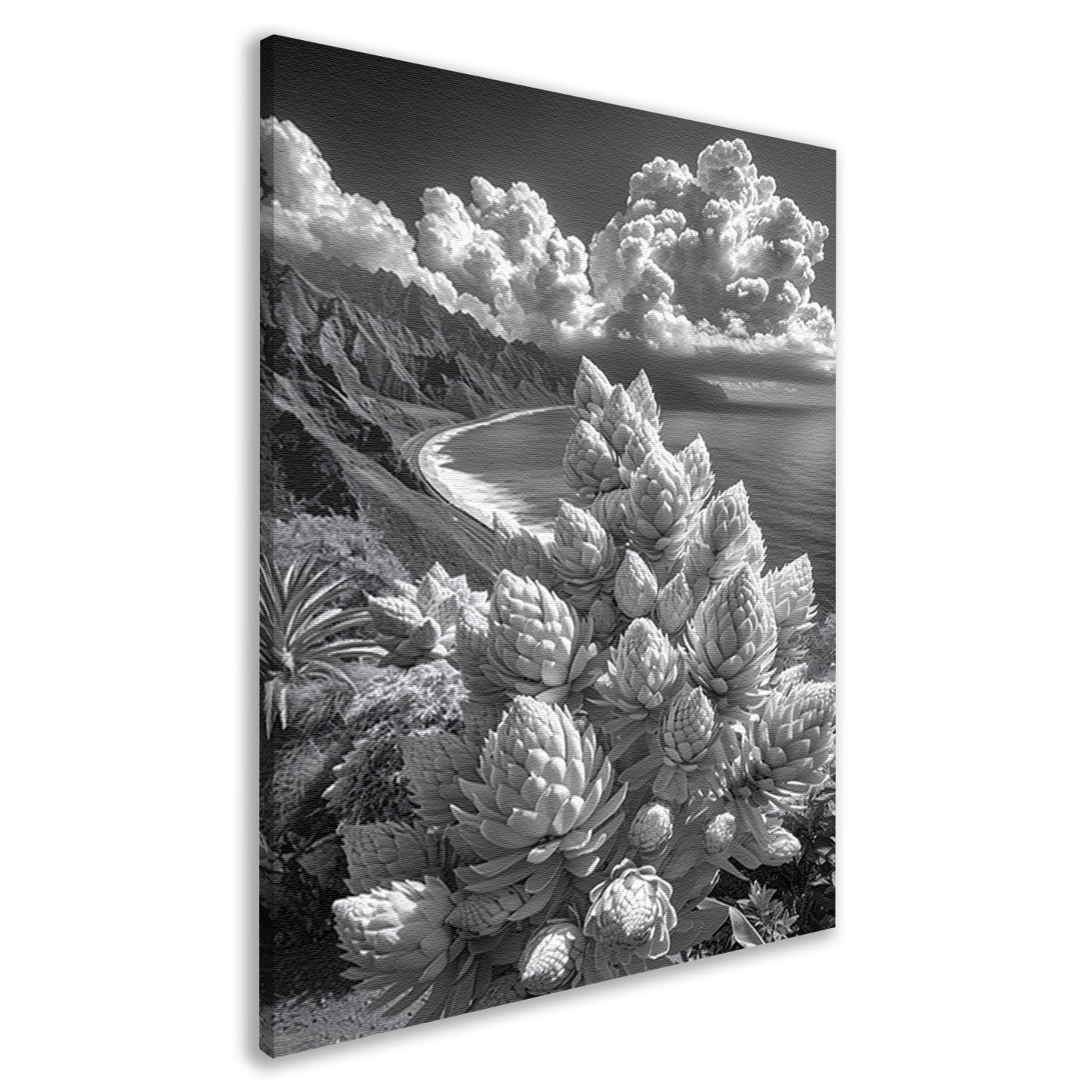 Zwart-wit kustlandschap met bloeiende planten canvas