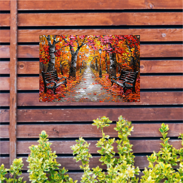 Herfstpark met kleurrijke bomen en bankjes tuinposter