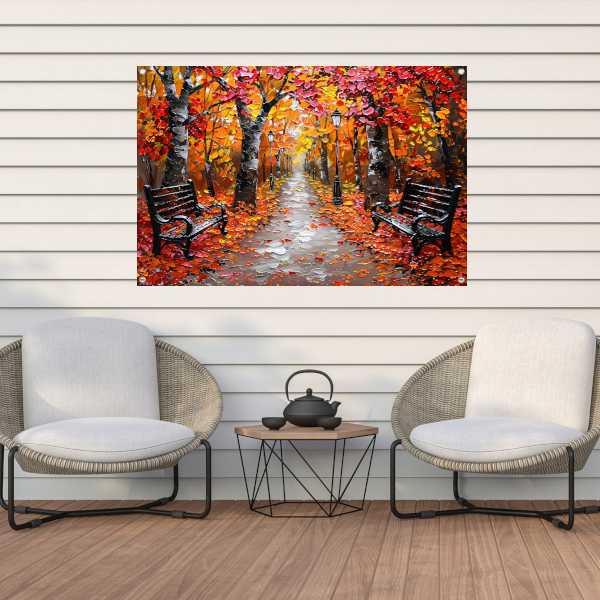 Herfstpark met kleurrijke bomen en bankjes tuinposter