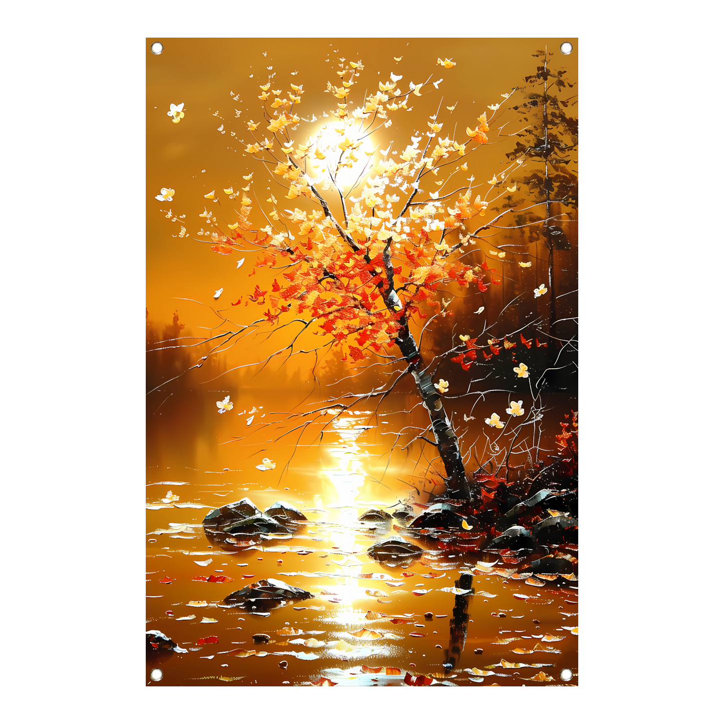 Stralende herfstboom bij zonsondergang met reflectie tuinposter