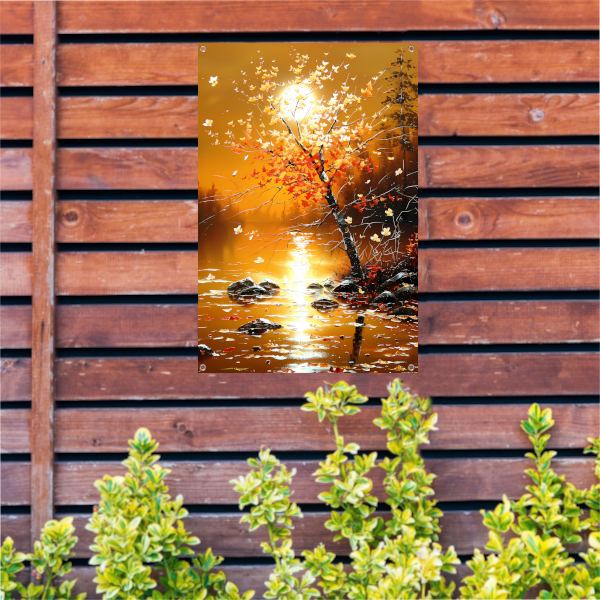 Stralende herfstboom bij zonsondergang met reflectie tuinposter
