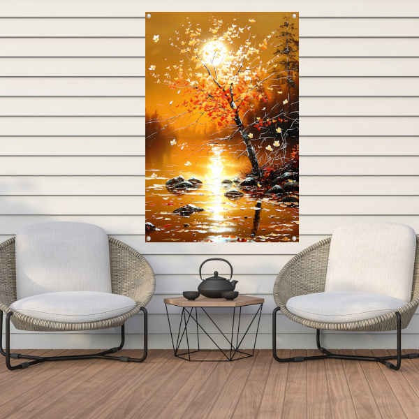 Stralende herfstboom bij zonsondergang met reflectie tuinposter
