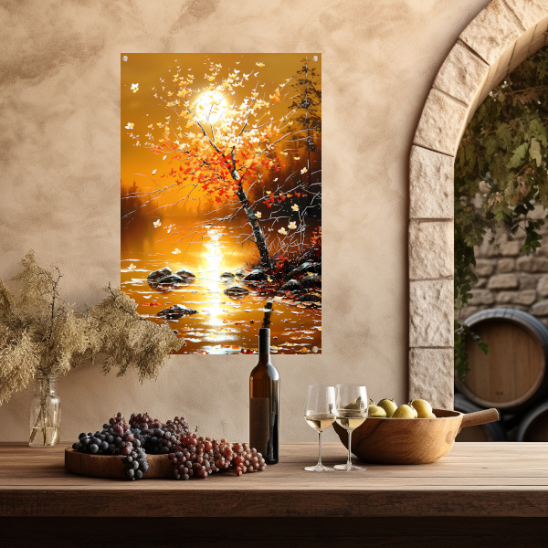 Stralende herfstboom bij zonsondergang met reflectie tuinposter