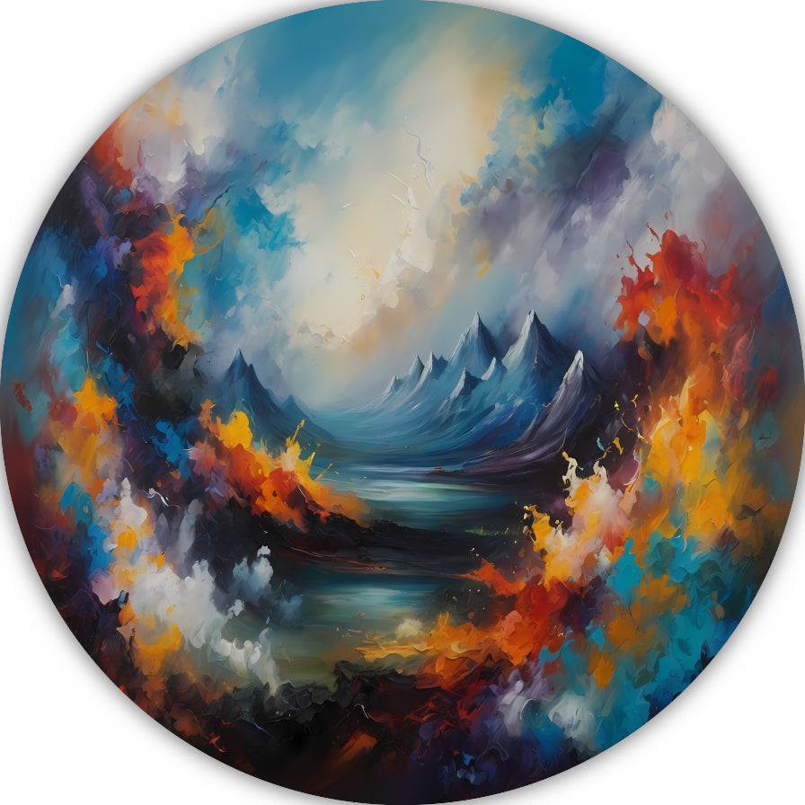 Dynamisch kleurrijk abstract natuurlijk landschap aluminium muurcirkel