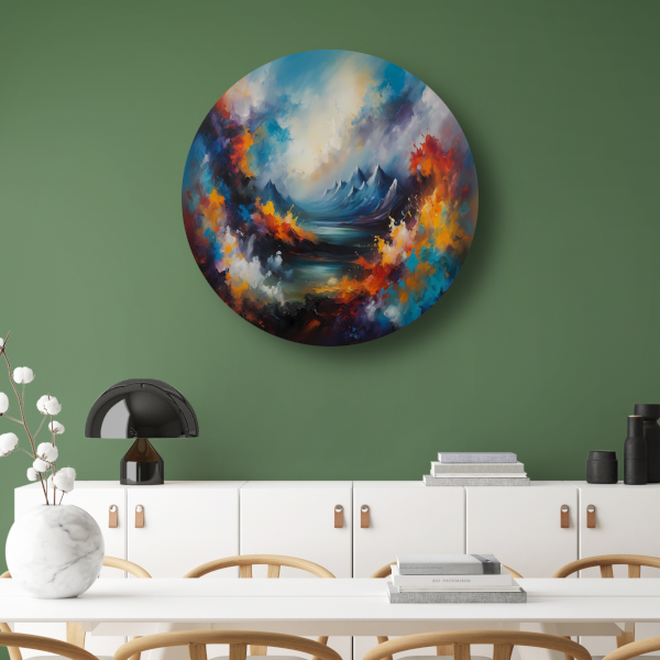 Dynamisch kleurrijk abstract natuurlijk landschap aluminium muurcirkel