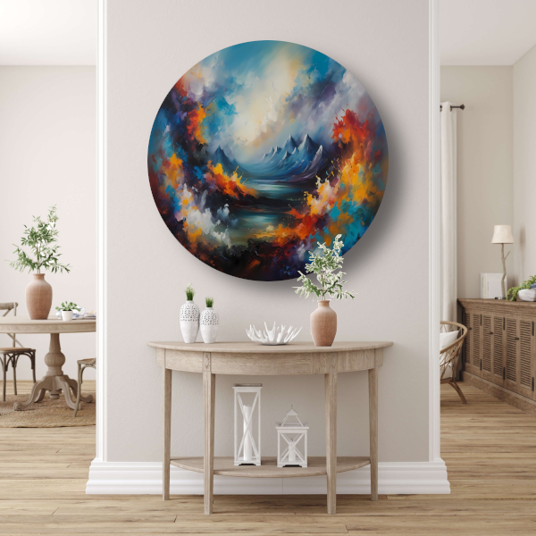 Dynamisch kleurrijk abstract natuurlijk landschap aluminium muurcirkel
