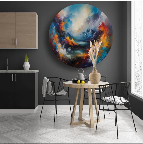 Dynamisch kleurrijk abstract natuurlijk landschap aluminium muurcirkel