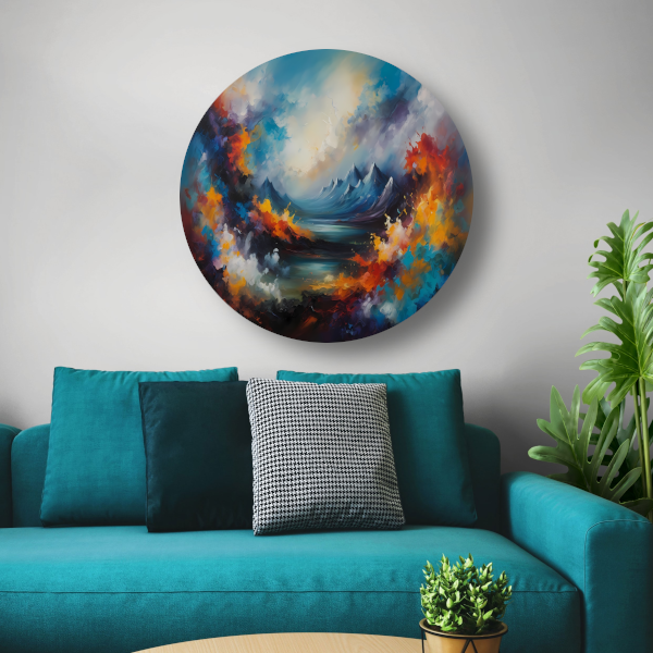 Dynamisch kleurrijk abstract natuurlijk landschap aluminium muurcirkel