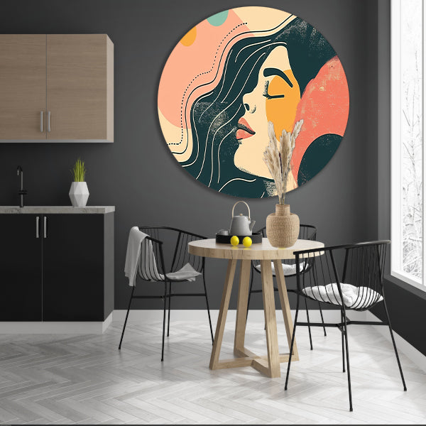 Abstract portret van vrouw met kleuren aluminium muurcirkel