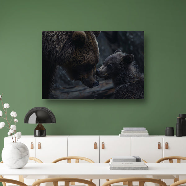 Moederbeer met haar welpje in het bos canvas met baklijst