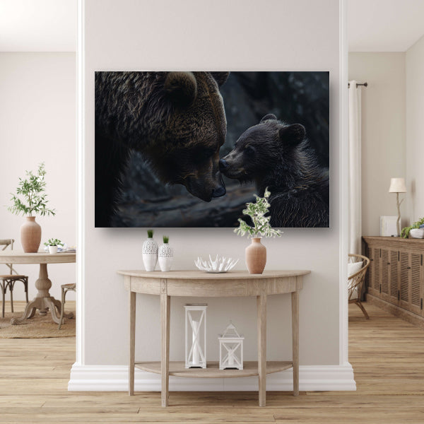Moederbeer met haar welpje in het bos canvas met baklijst