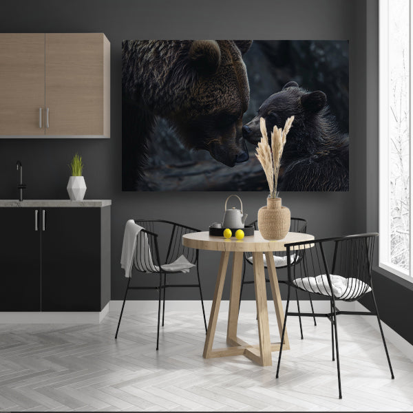 Moederbeer met haar welpje in het bos canvas met baklijst