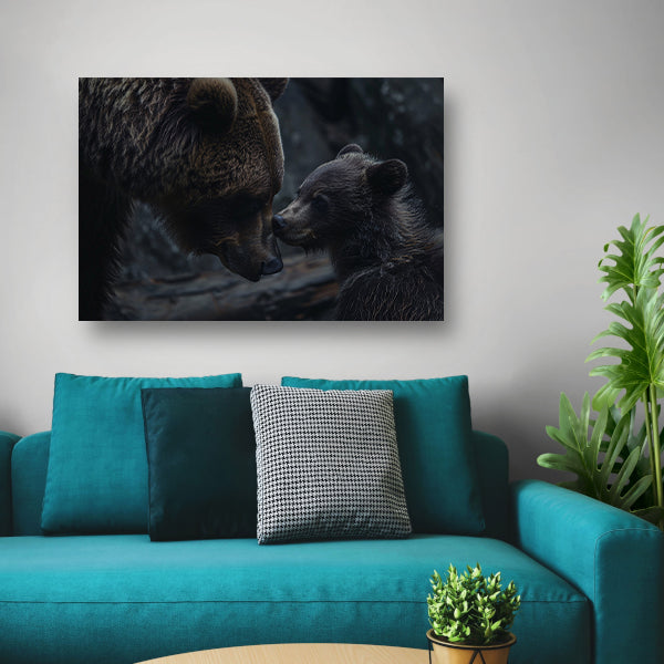 Moederbeer met haar welpje in het bos canvas met baklijst