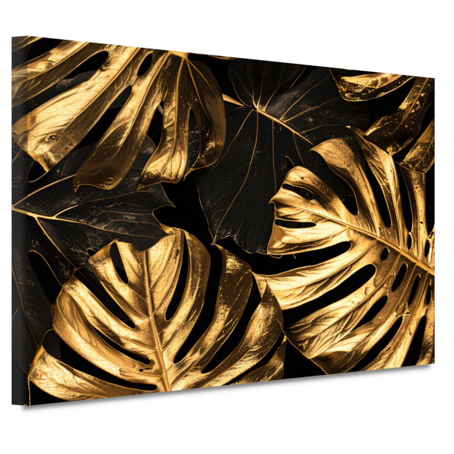Luxe Gouden Monstera Bladeren op Zwart canvas